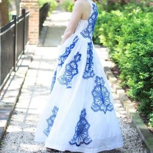 Anthropologie HD in Paris Maxi Dress White with Embroidered Blue Flowers - L